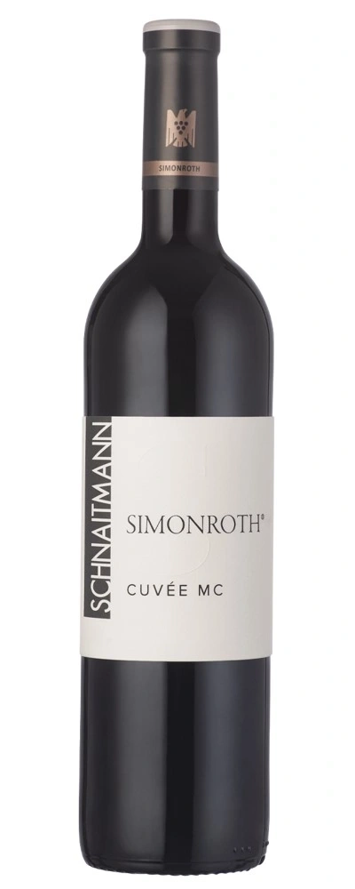 Wein SIMONROTH Cuvée MC, dunkle Flasche, weißes Etikett, Markenlogo, Getränk