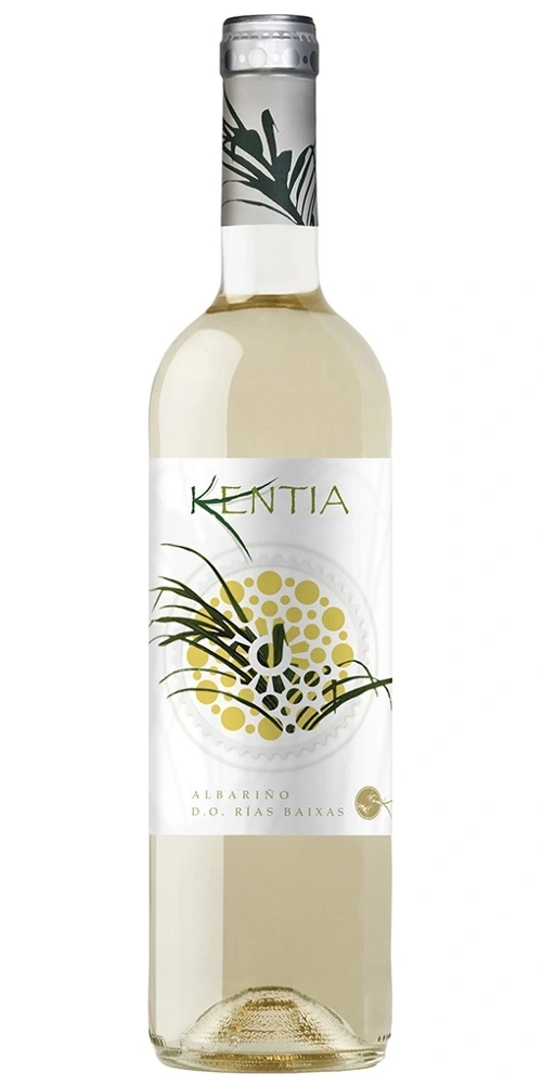 Eine Flasche weißer Wein mit dem Etikett Kentia und der Aufschrift Albariño D.O. Rías Baixas.