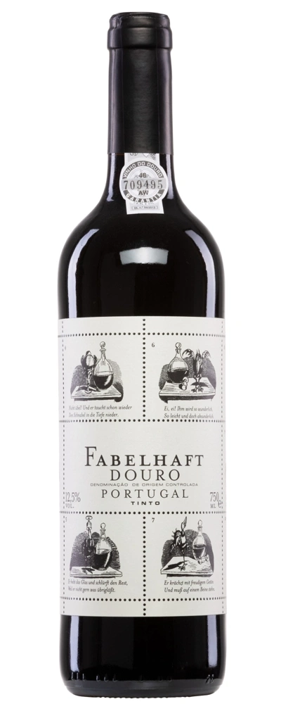Flasche Rotwein mit Etikett und Illustrationen von einem Vogel