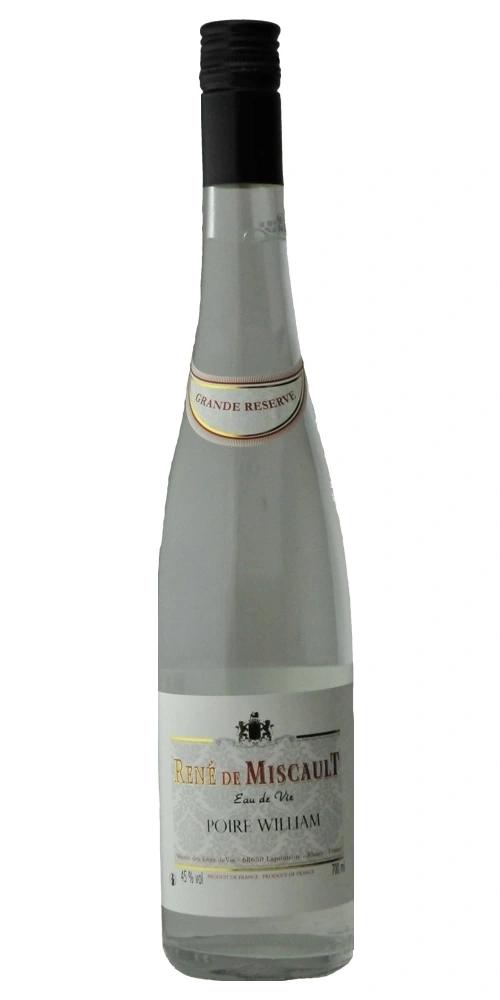 Eine Flasche "Poire William" Eau de Vie von René de Miscault.
