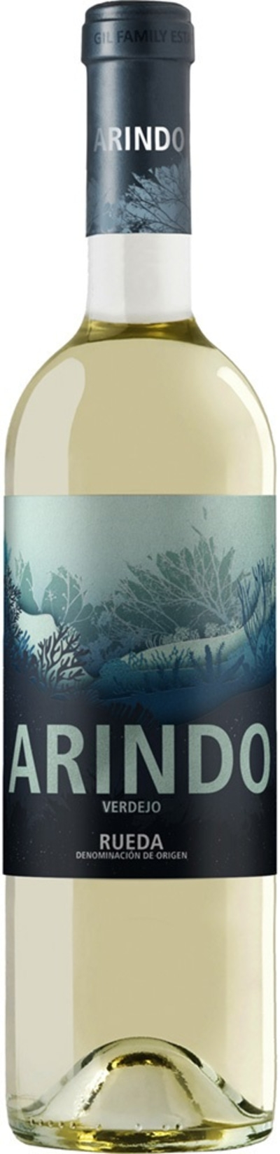 Weinflasche Arindo Verdejo Rueda, blaues Etikett, helle Flüssigkeit, Glasflasche