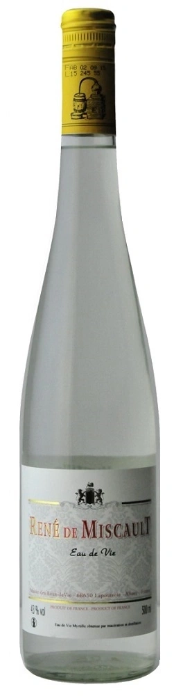 Eine Flasche René de Miscauli Eau de Vie. Gelber Verschluss, klare Flüssigkeit, Etikett.