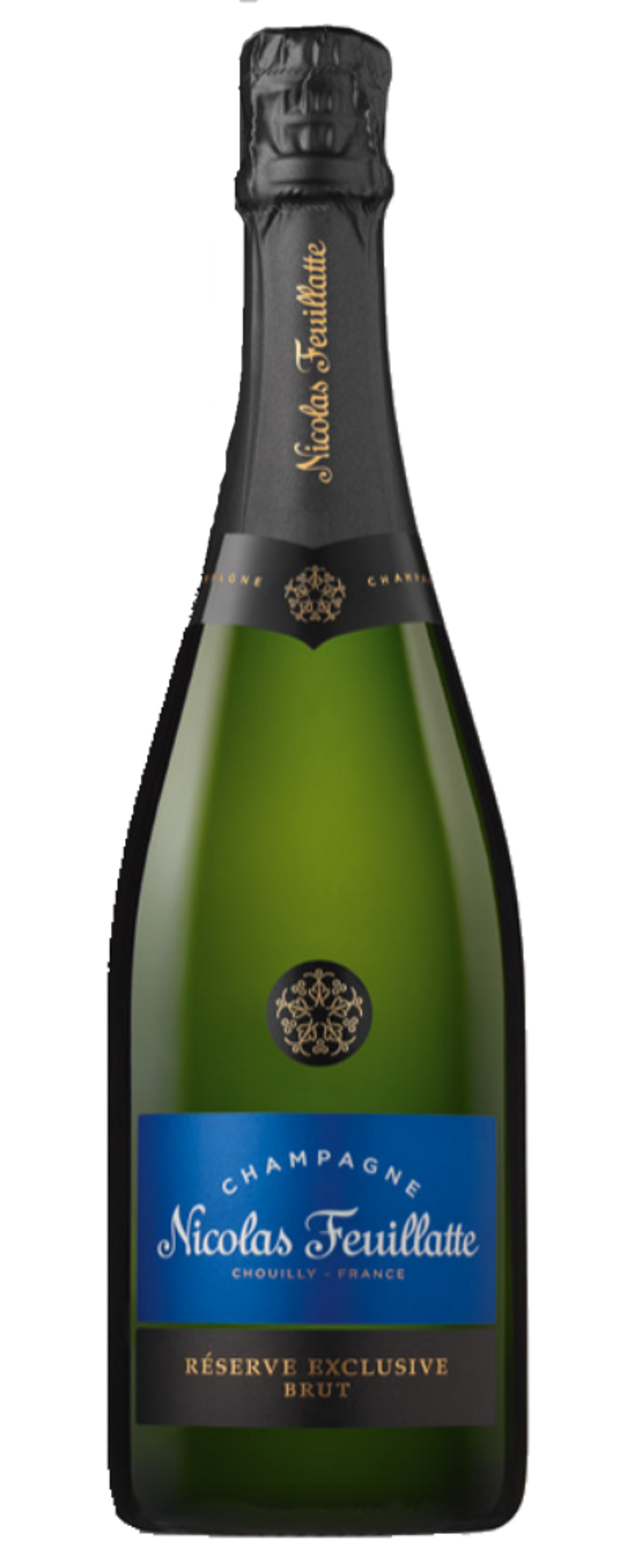 Champagnerflasche von Nicolas Feuillatte, grün und blau, Brut, Frankreich
