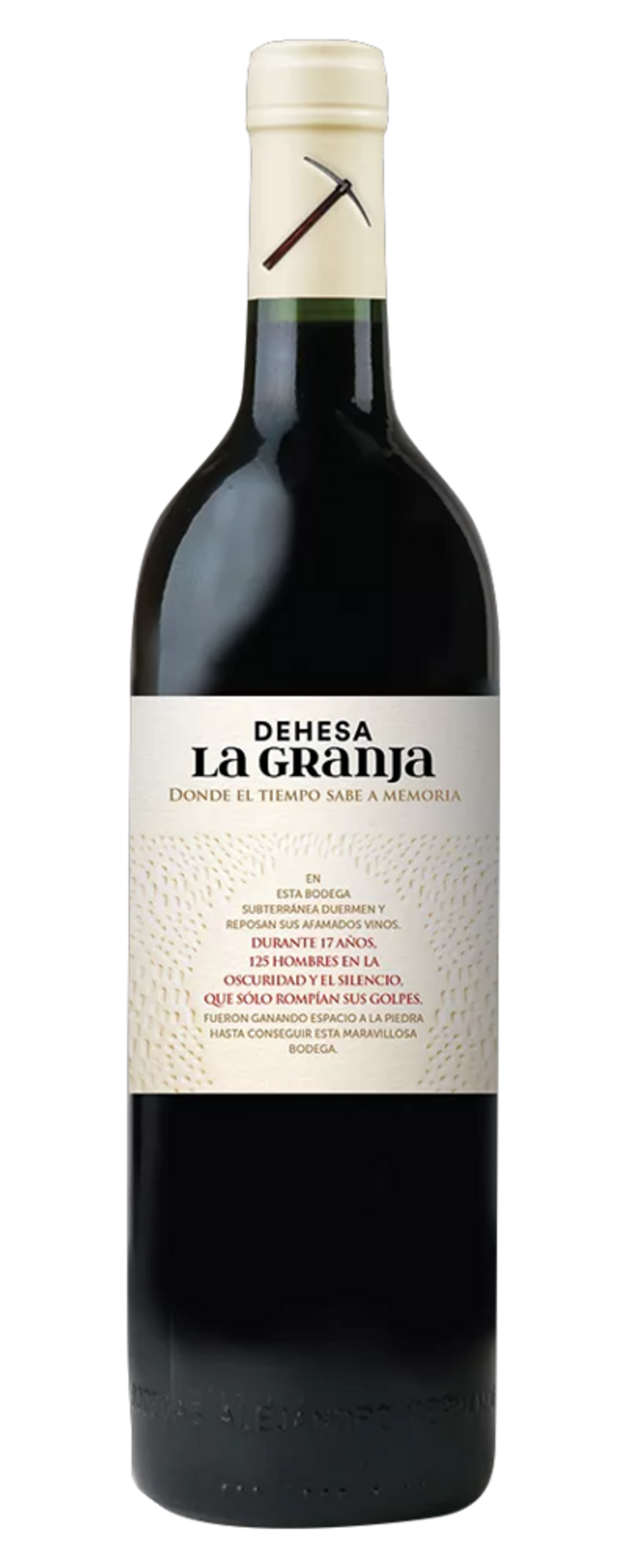 Wein Dehesa La Granja, dunkle Flasche, Text, Pickel-Symbol, spanischer Wein, Rotwein