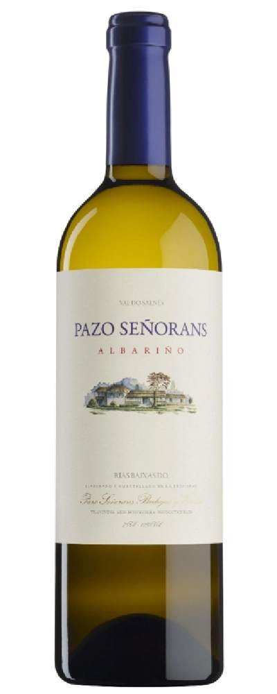 Eine Flasche Pazo Senorans Albariño Wein mit blauem Verschluss.