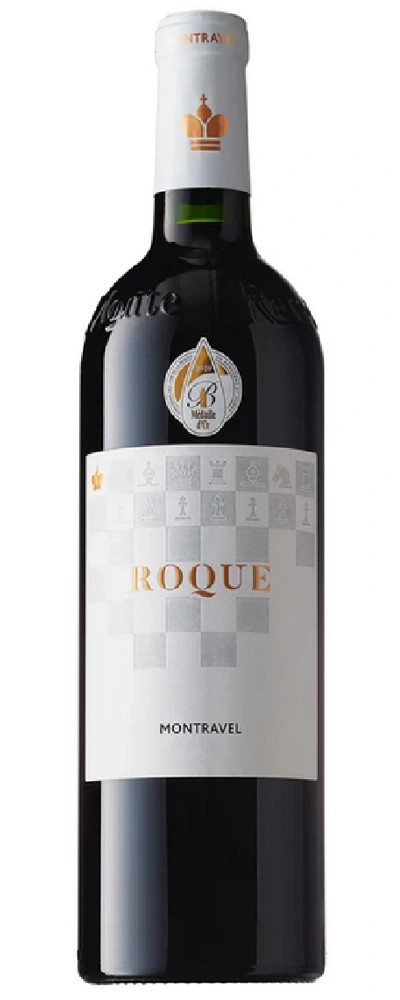 Wein-Flasche mit goldenem Etikett und Krone, Roque Montravel