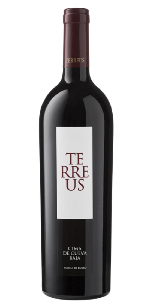 Eine schwarze Weinflasche mit den Aufschriften TERREUS, CIMA DE CUEVA BAJA und TUDELA DE DUERO.