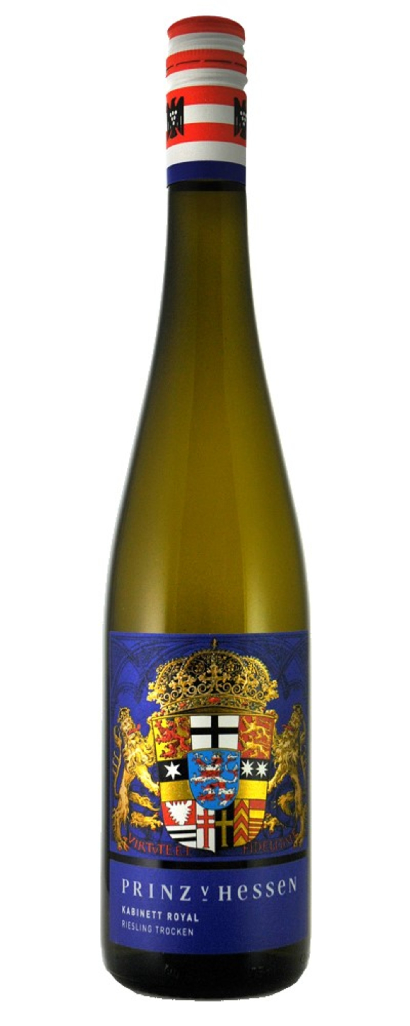 Weinflasche mit blauem Etikett und goldener Krone, PRINZ v HESSEN.