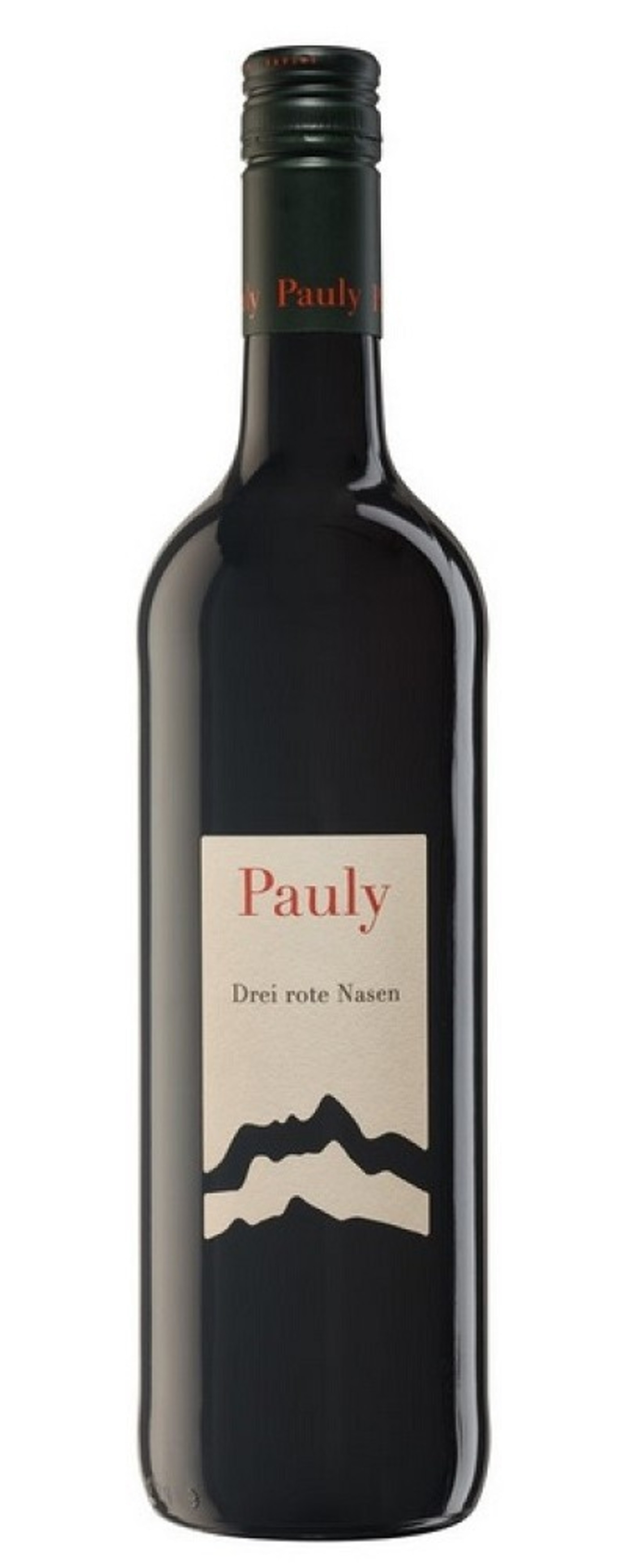 Wein-Flasche mit Etikett 'Pauly Drei rote Nasen' und Berg-Motiv