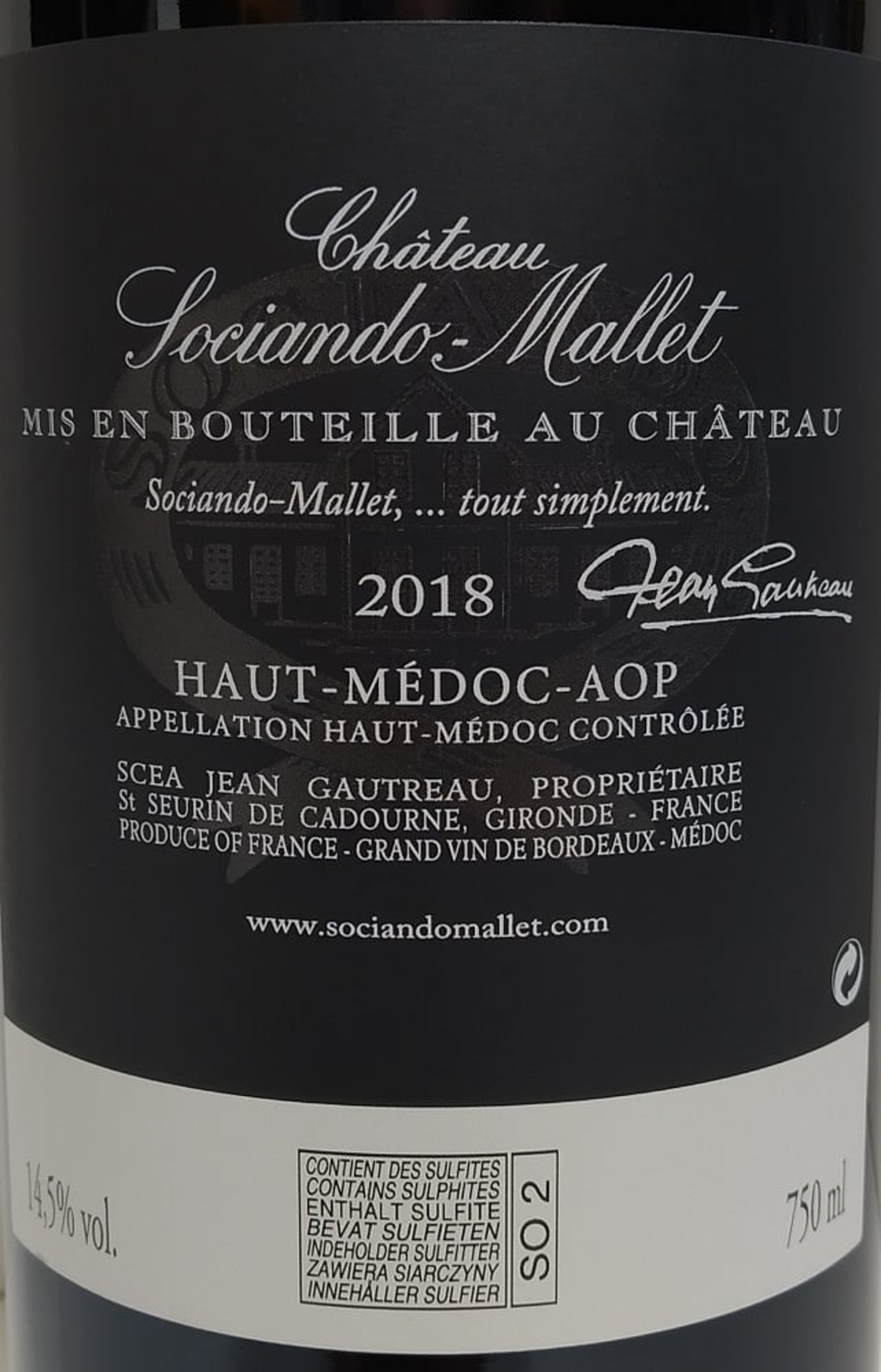 Weinflasche Château Sociando-Mallet, 2018, Haut-Médoc-AOP, 14.5% vol., 750ml, enthält Sulfite