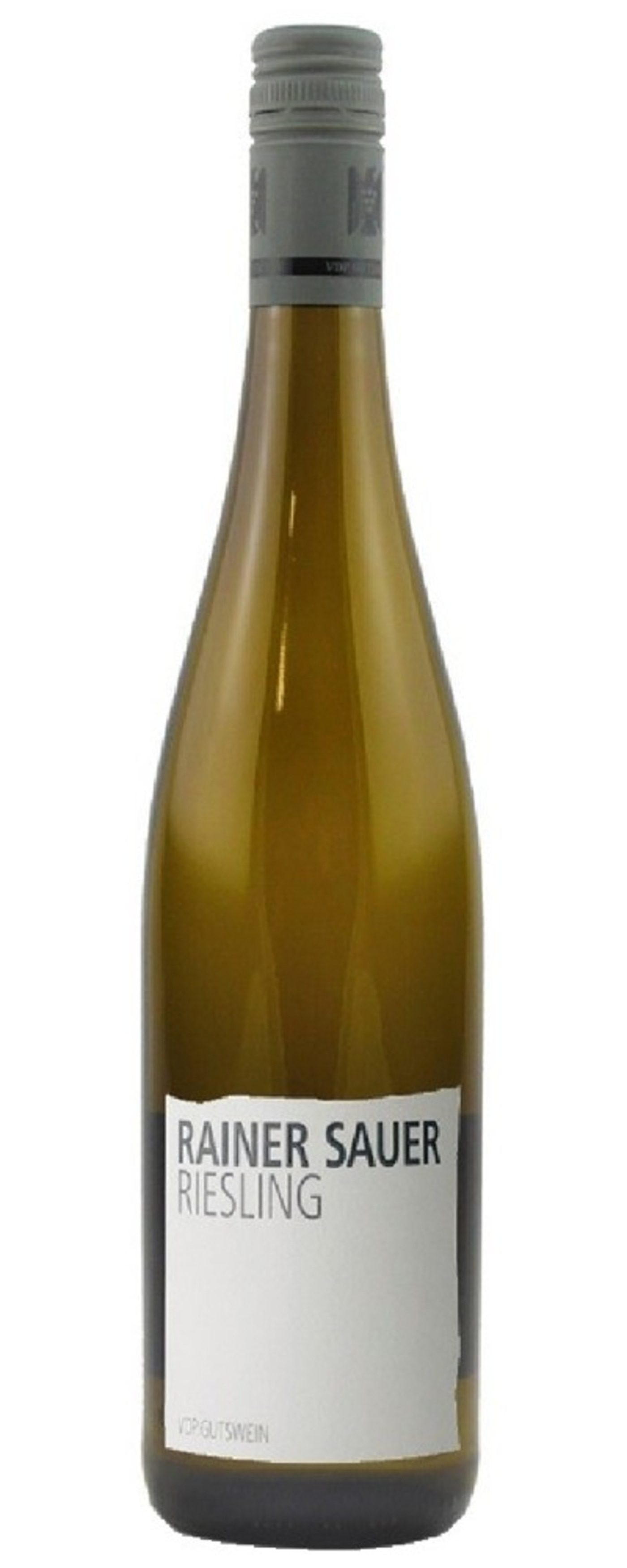 Flasche Rainer Sauer Riesling Weißwein mit weißem Etikett und grauer Kappe.
