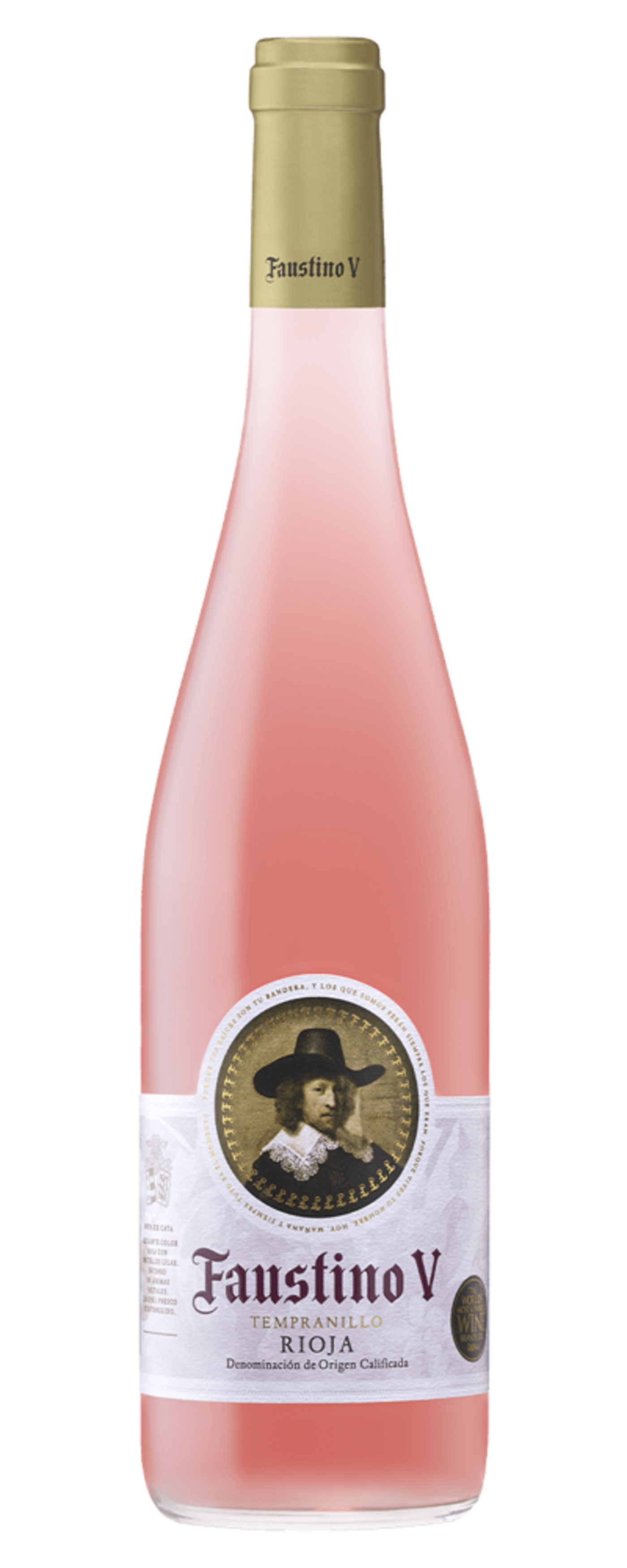 Wein, Faustino V, Tempranillo Rioja, rosa Flasche, goldene Kappe, Etikett mit Mann