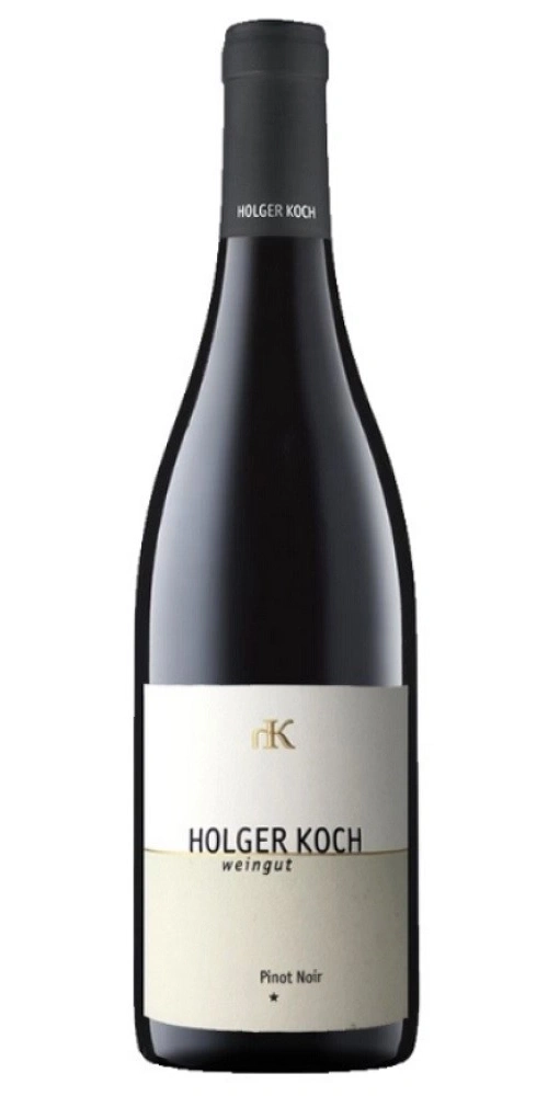 Eine Flasche Rotwein von Holger Koch mit der Aufschrift Pinot Noir