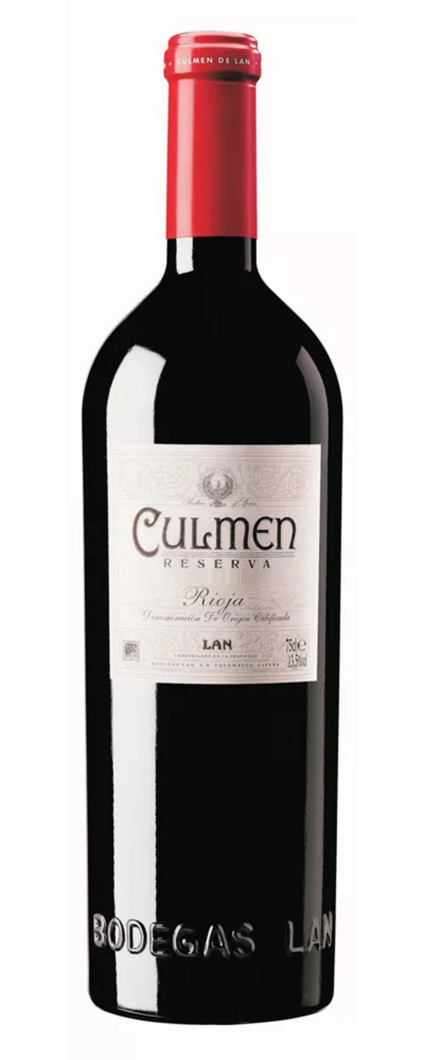 Wein-Flasche mit roter Kappe, Etikett mit Text, 'Rioja' und 'Bodegas LAN'