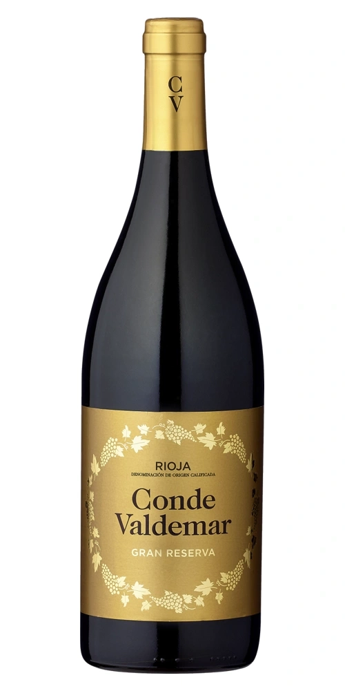 Eine Flasche Rotwein mit einem goldenen Etikett und der Aufschrift Conde Valdemar Gran Reserva.