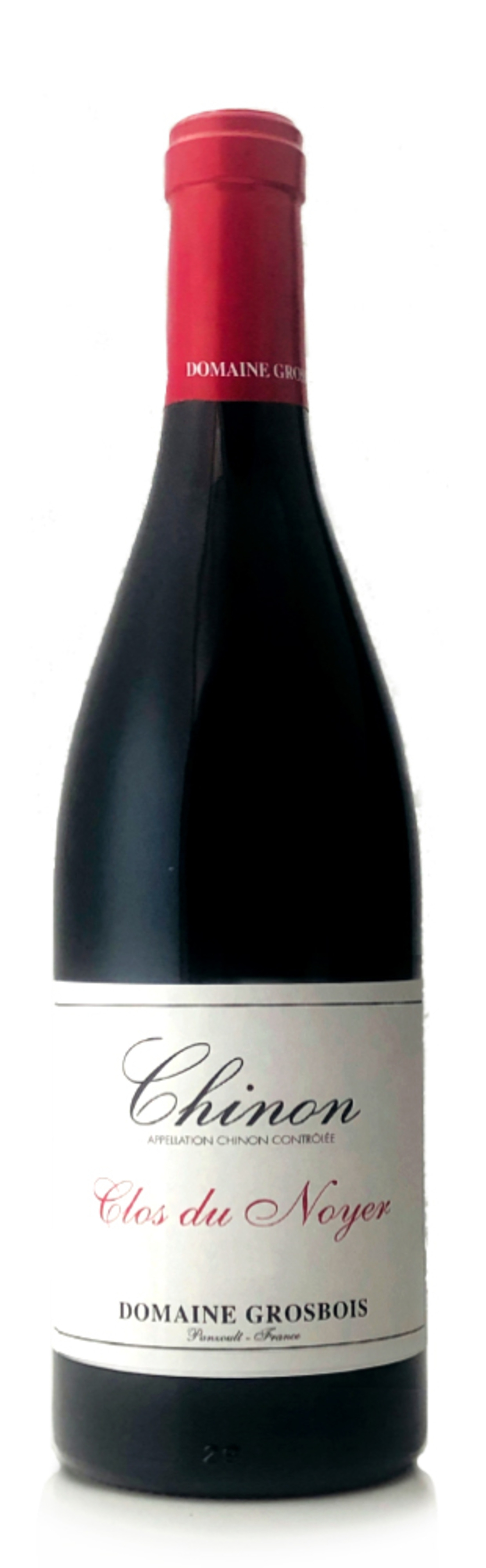 Wein-Flasche mit roter Kappe und weißem Etikett, Chinon Clos du Noyer.