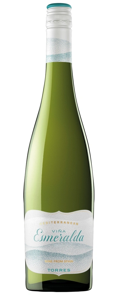 Weinflasche Viña Esmeralda, mediterraner Wein, Torres, Spanien, grün, weißes Etikett