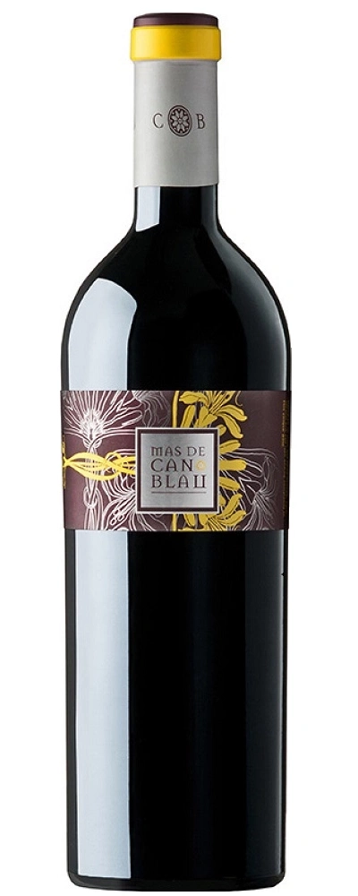 Wein-Flasche mit Etikett 'Mas de Can Blau' und gelbem Verschluss