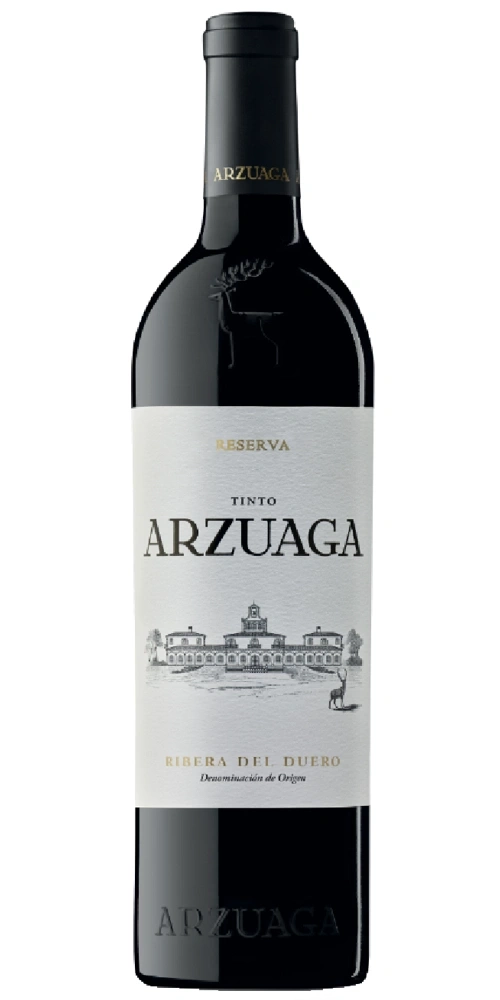 Rotweinflasche von Arzuaga Reserva mit Schloss und Hirschmotiv.