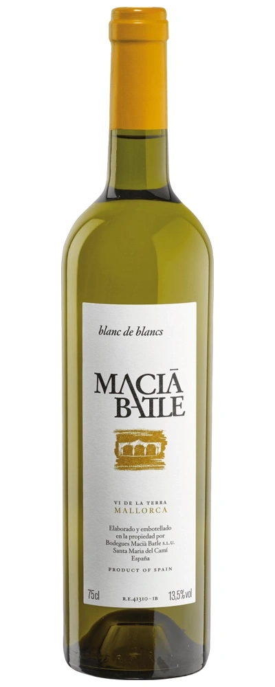 Eine Flasche Weißwein von Macià Batle, Mallorca, mit gelbem Verschluss.