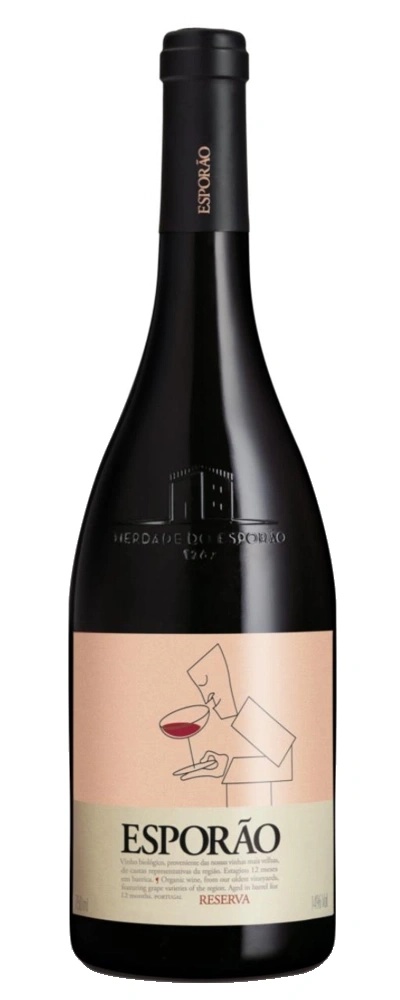 Eine Flasche Esporão Reserva Wein mit einem Etikett, das eine Person zeigt, die Wein trinkt.