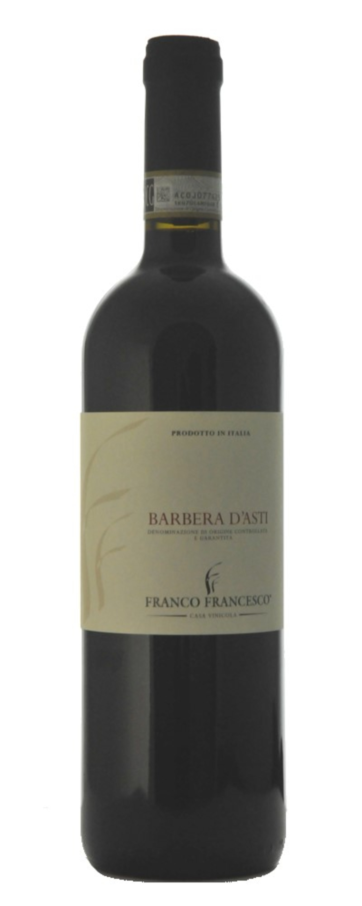 Wein-Flasche mit Etikett 'Barbera d'Asti' von Franco Francesco, 'Prodotto in Italia'.