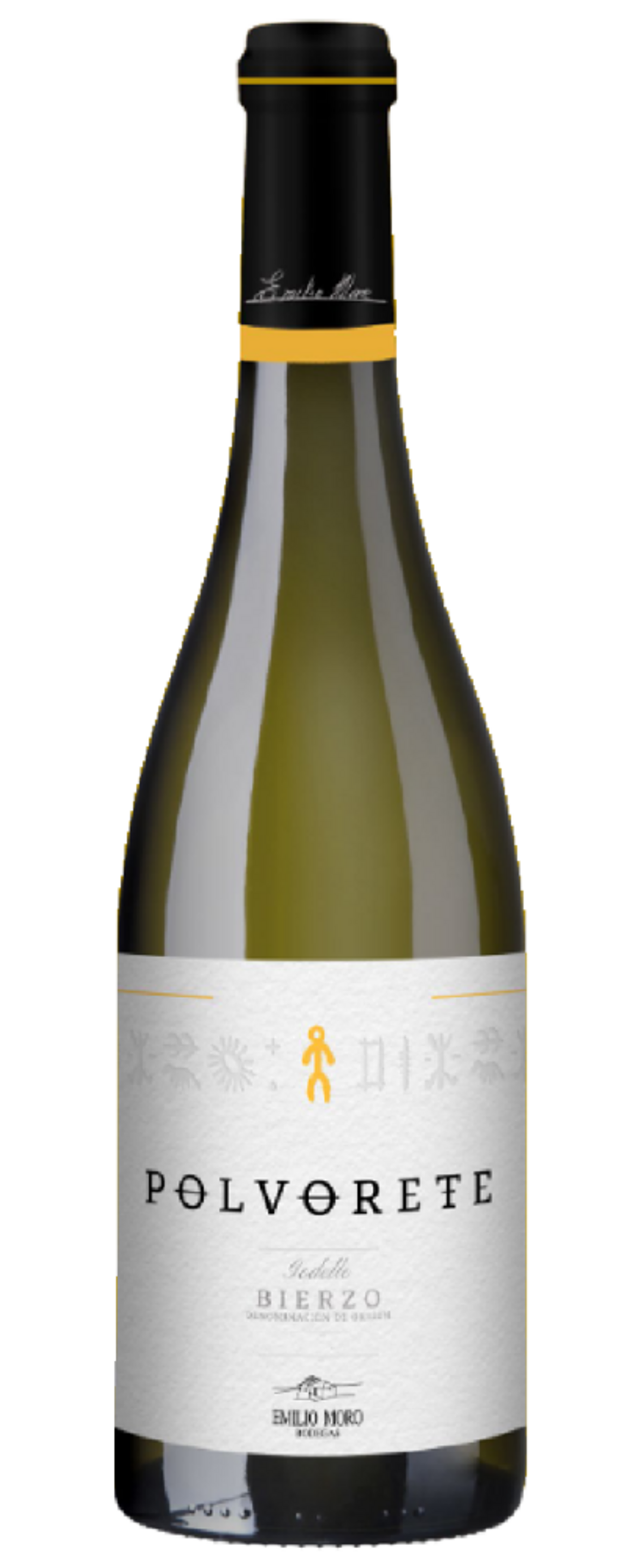 Weinflasche Polvorete Godello Bierzo, gelbes Etikett, schwarzer Deckel, Emilio Moro