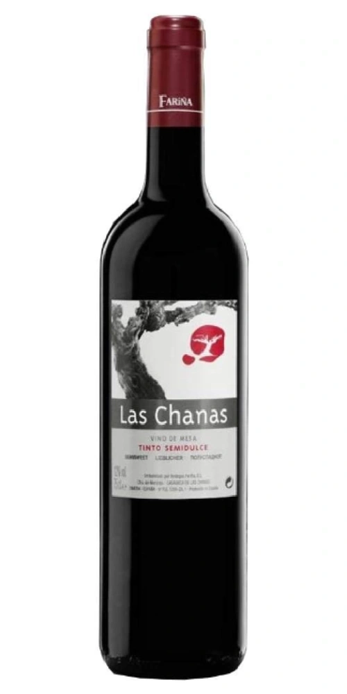 Eine Flasche Rotwein mit dem Etikett Las Chanas