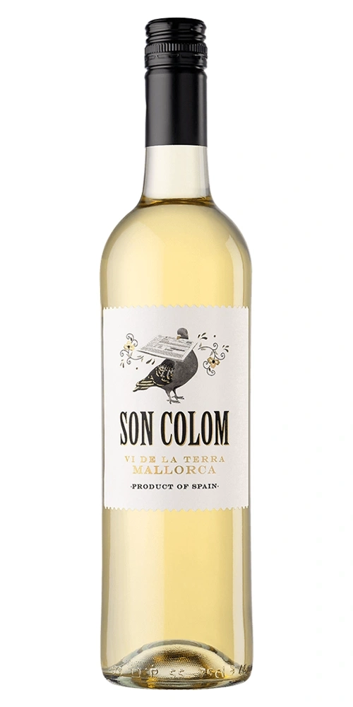 Eine Flasche weißer Wein von Son Colom, Mallorca, Spanien.