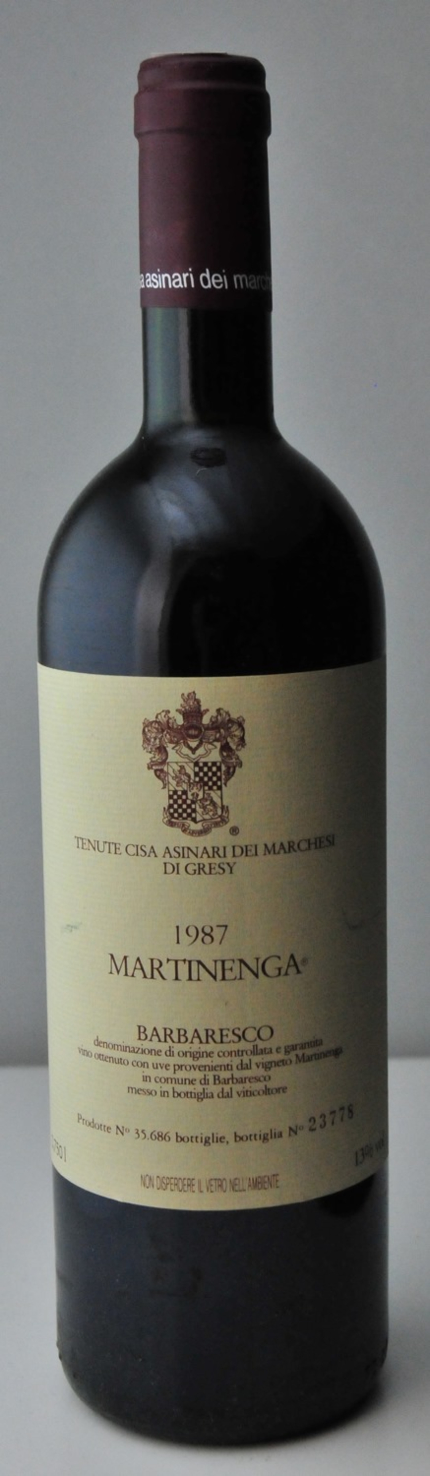 Wein-Etikett von 1987 Martinenga Barbaresco. Tenute Cisa Asinari dei Marchesi di Gresy.