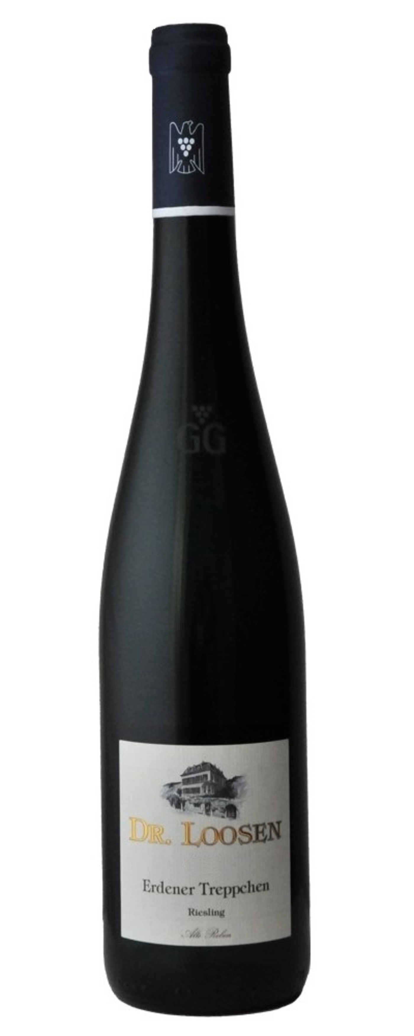 Weinflasche von Dr. Loosen, Erden Treppchen Riesling, dunkle Flasche, weißes Etikett