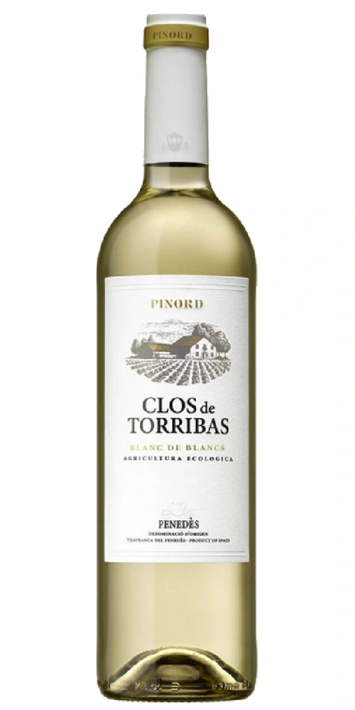 Weiße Wein-
Flasche mit Etikett "Clos de Torribas" und "Penedès"