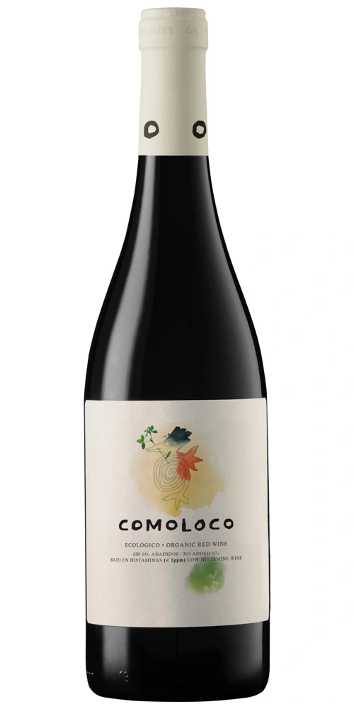 Eine Flasche roten Bio-Weins mit dem Namen COLOCOLO und künstlerischem Etikett.