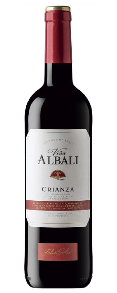 Eine Flasche Rotwein von Viña Albali Crianza mit rotem Etikett.