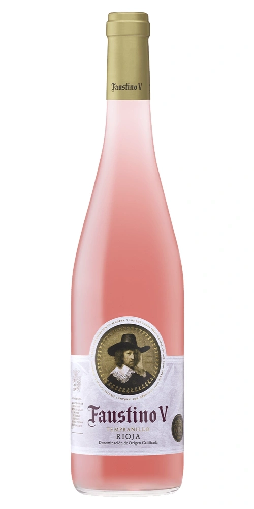 Eine Flasche rosa Wein der Marke Faustino V, mit Etikett.