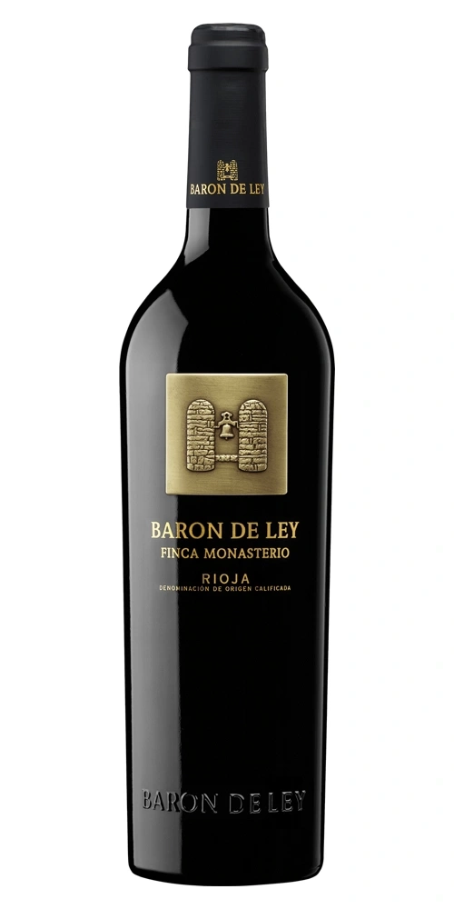 Eine schwarze Flasche Baron de Ley Finca Monasterio Rioja Wein.