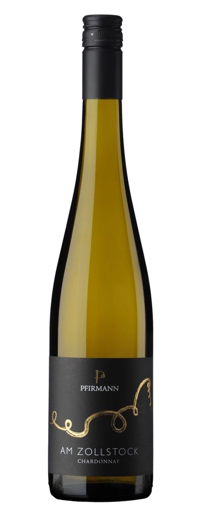 Weinflasche mit schwarzem Etikett und goldener Schrift, Chardonnay.