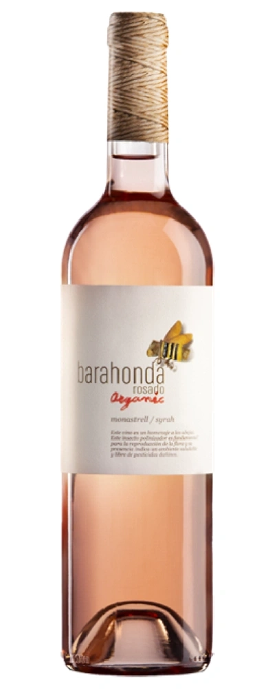 Eine Flasche Roséwein mit Etikett und Bienenmotiv