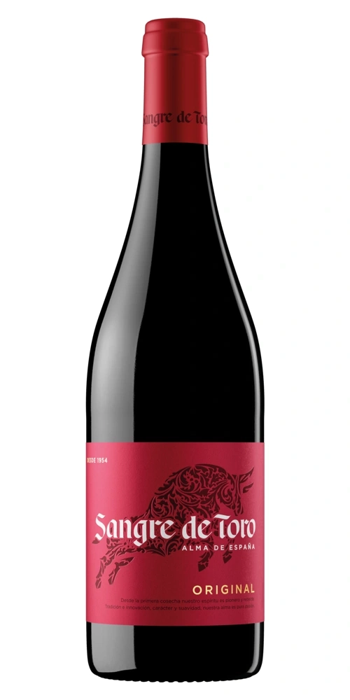 Eine Flasche Rotwein mit einem roten Etikett und einem Stiermotiv.