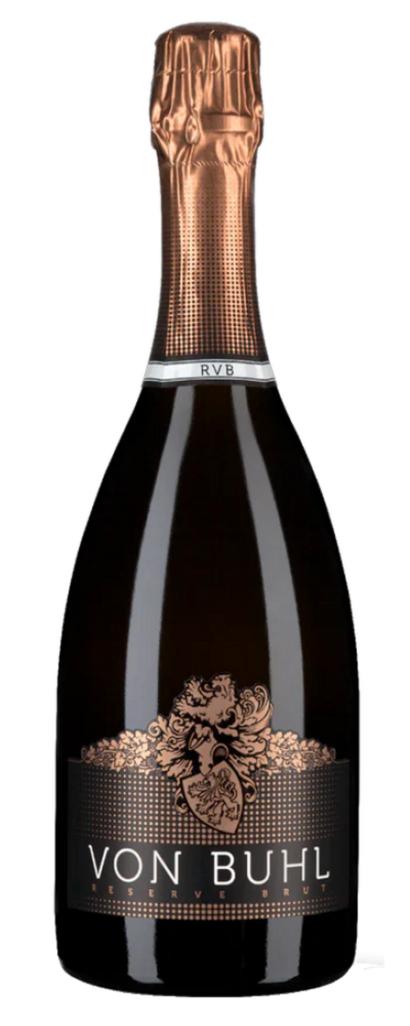 Eine Flasche Von Buhl Reserve Brut Sekt, dunkel und elegant.