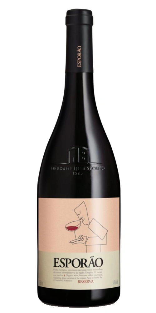 Schwarze Weinflasche mit rosa und beigem Etikett, das einen Mann mit einem Weinglas zeigt.
