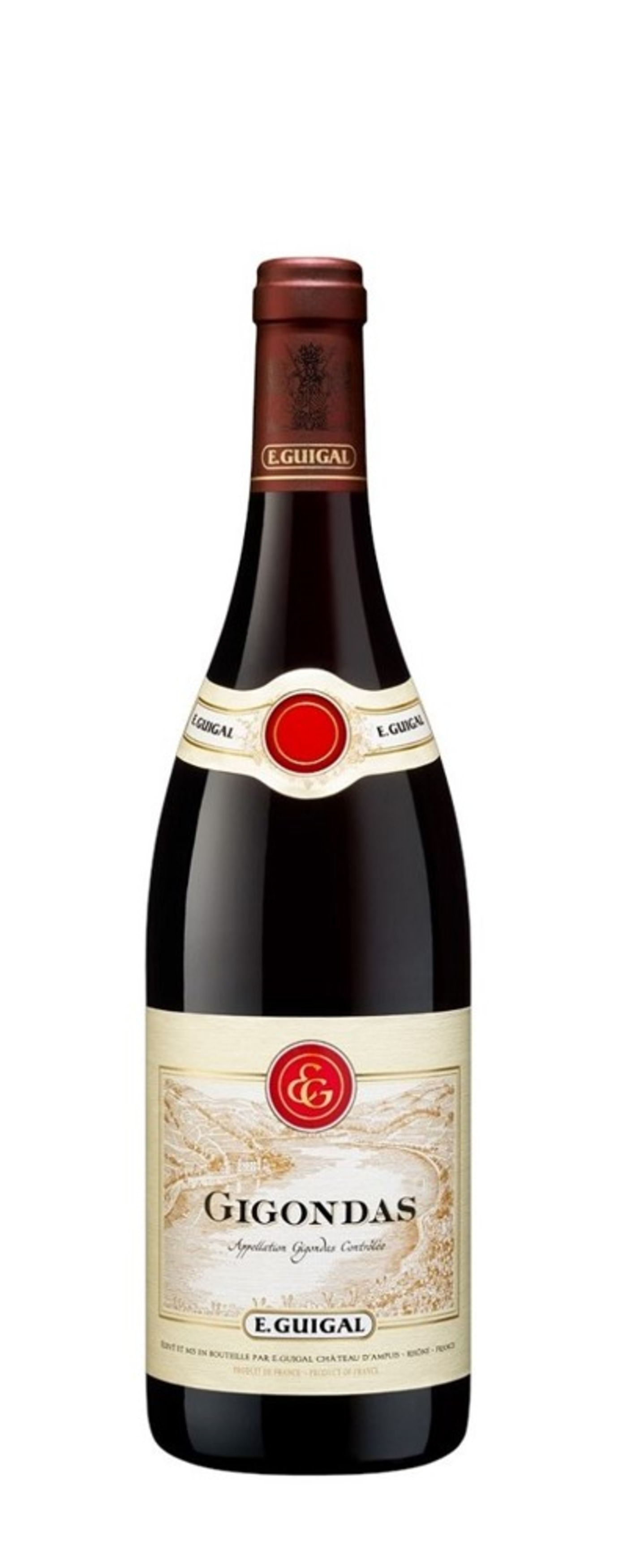 Wein-Flasche Gigondas E. Guigal, rot, mit Etikett, isoliert auf weißem Hintergrund