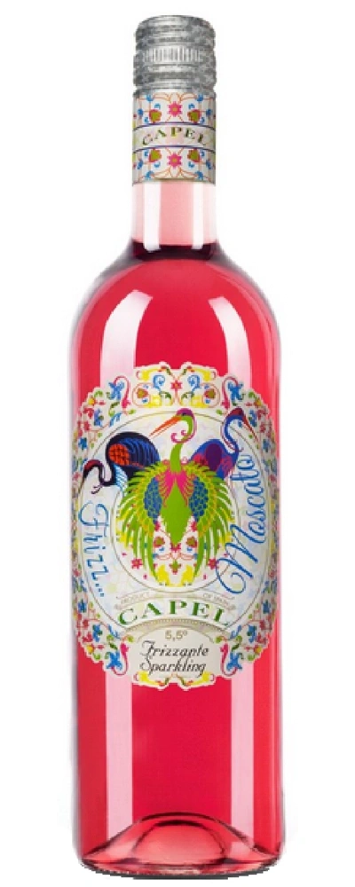 Flasche Capel Frizzante Moscato mit bunten Vögeln und Blumen