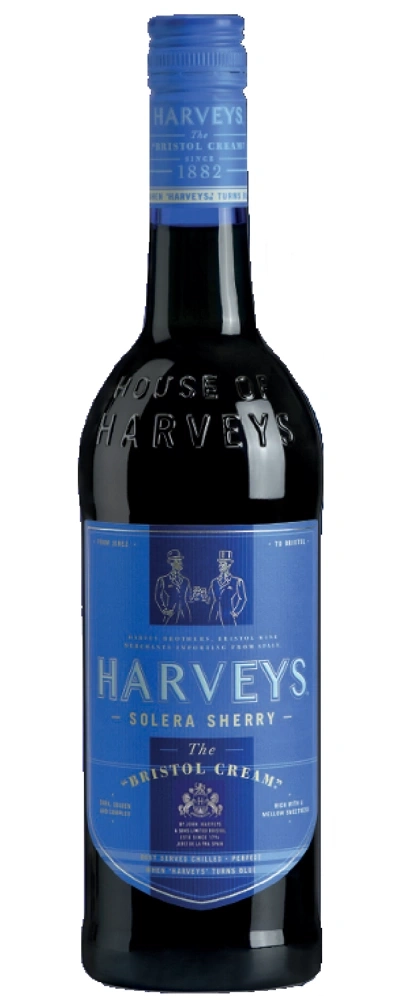 Eine Flasche Harveys Bristol Cream Sherry mit blauem Etikett