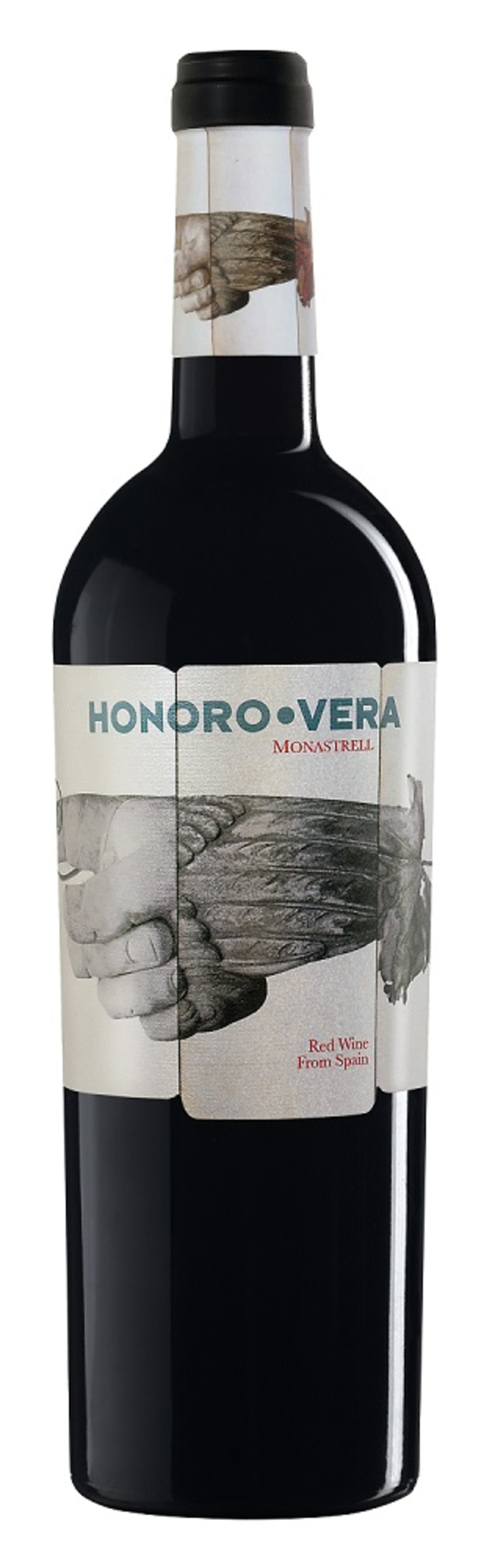 Wein Honoro Vera Monastrell, Rotwein aus Spanien, Flasche, Etikett, Hand