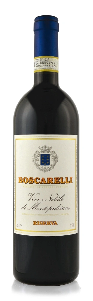 Wein Boscarelli Vino Nobile di Montepulciano Riserva, Flasche, Etikett, blau