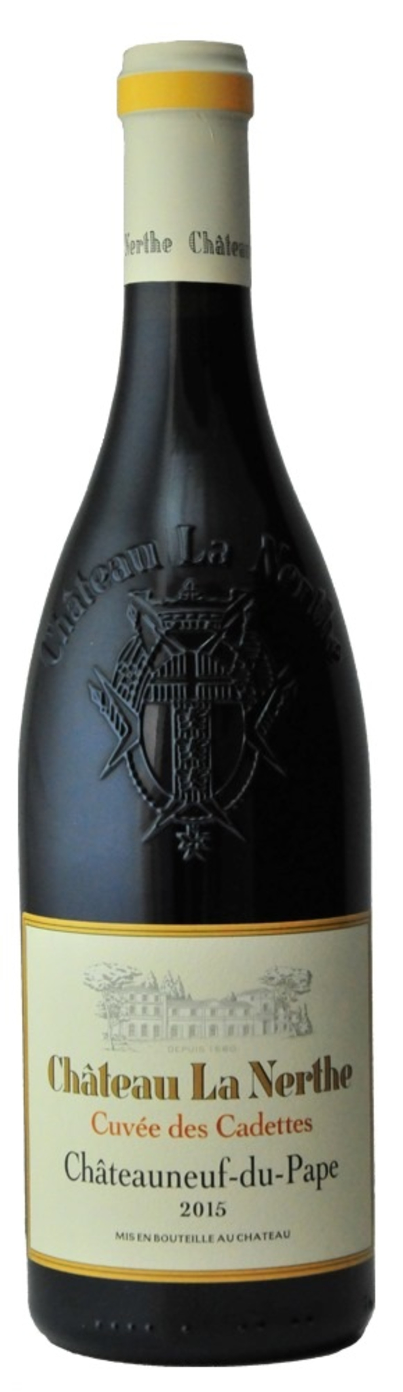 Wein, Château La Nerthe, Cuvée des Cadettes, Châteauneuf-du-Pape, 2015, Flasche, Etikett, Weinlese
