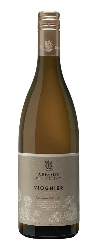 Eine Flasche Viognier-Wein von Abbots Delaunay, Les Fleurs Sauvages, Pays d'Oc, Frankreich.