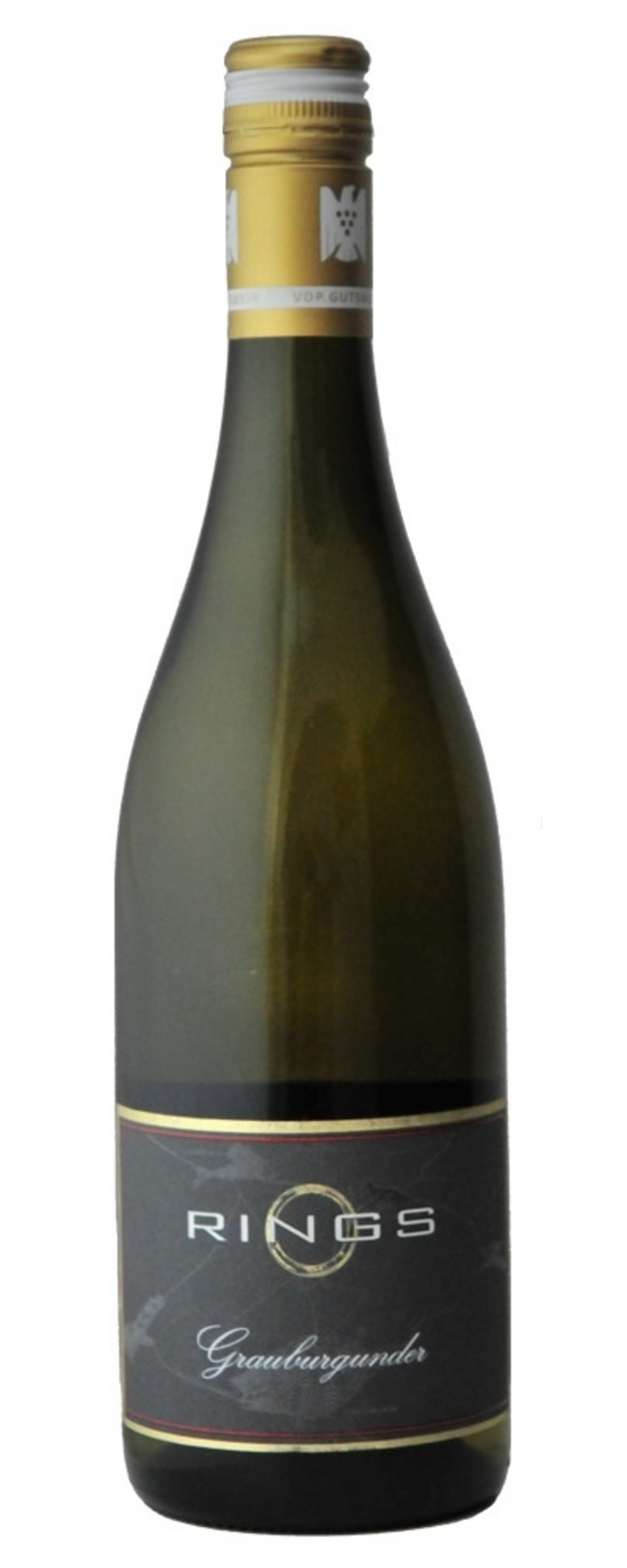 Weinflasche Rings Grauburgunder, goldener Verschluss, dunkles Etikett, Wein