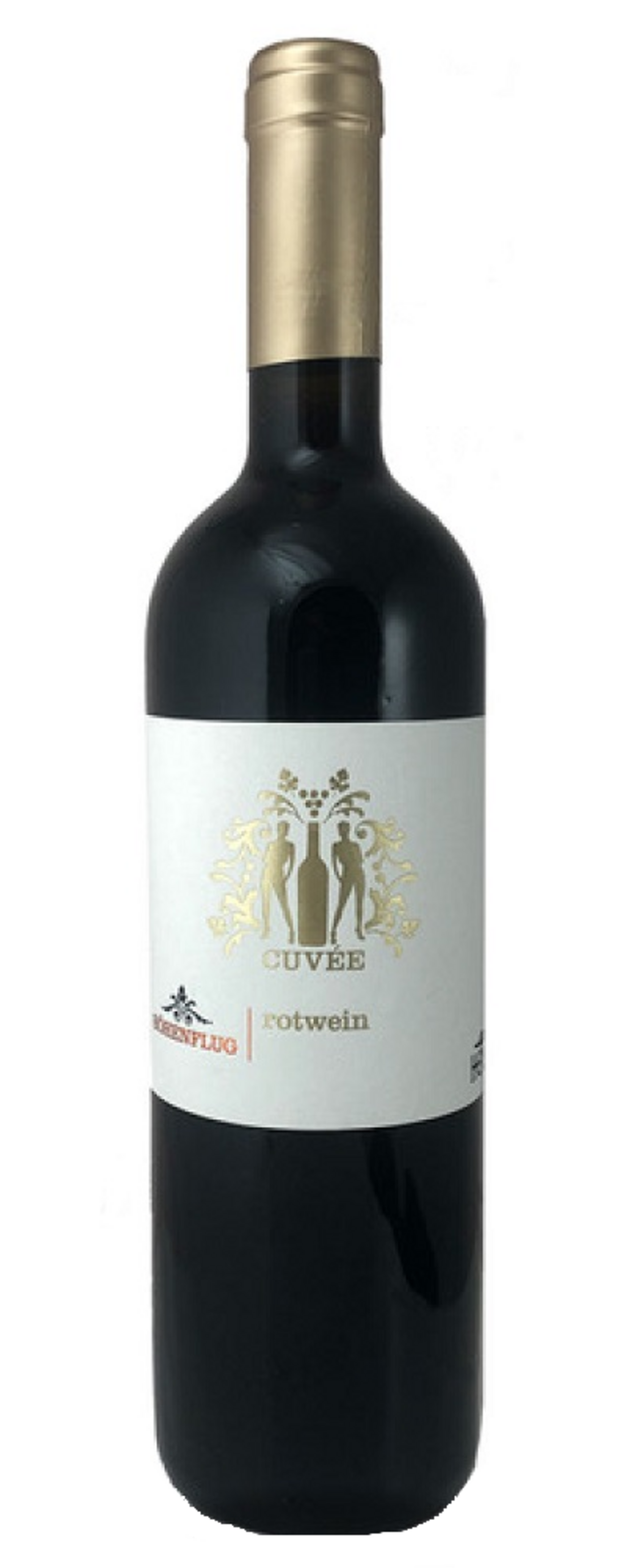 Wein Cuvée Rotwein Flasche mit goldenem Verschluss und Etikett